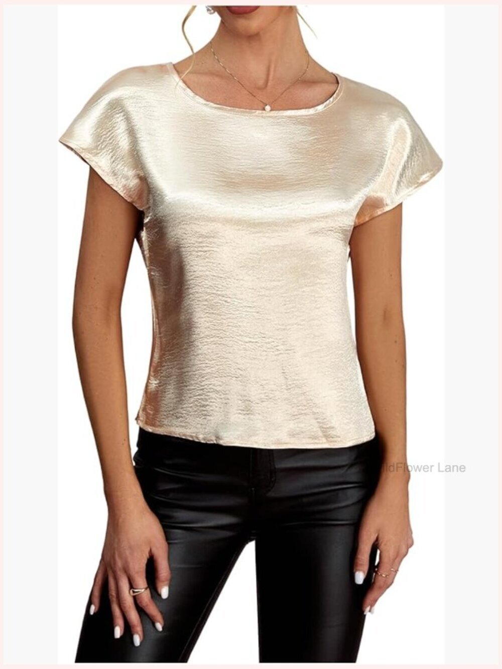 Crew Neck Dolman Short Sleeve Satin Blouse Party Shirt